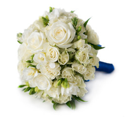 Bridal bouquet of white rose in bright colors with blue handle i