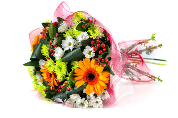Bouquet of chrysanthemums and gerbera flowers in red and white p