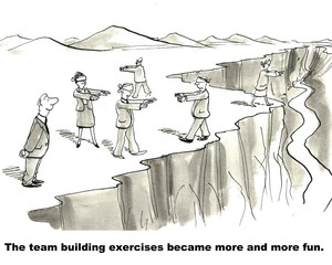 Business cartoon showing a businessman watching as businesspeople walk on the edge of a cliff blindfolded.  'The team building exercises became more and more fun'.