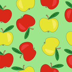 green seamless pattern with red and yellow apples