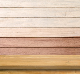 Vintage wood table in wood wall room.