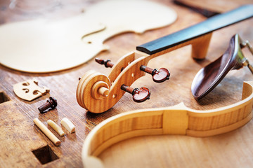 Elderly person building a violin