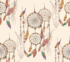 Wall murals Dream catcher Bohemian dream catcher with beads and feathers, seamless pattern