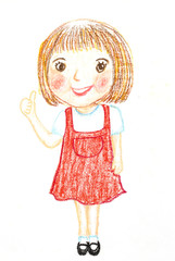 Thumbs up girl cartoon oil pastel painted