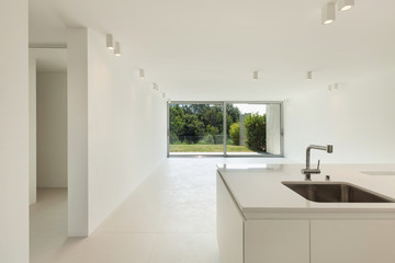 Domestic kitchen of a modern house. Empty space and view on the garden