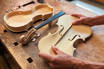 Elderly person building a violin