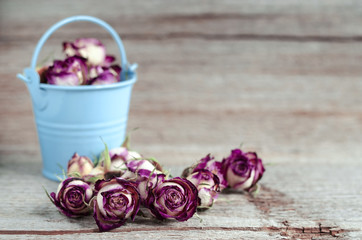 Dried rosebuds on old wooden background