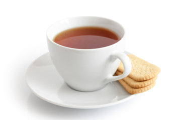 White ceramic cup and saucer with tea and finger biscuits. Isola