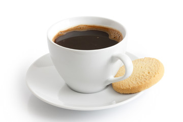 White ceramic cup and saucer with black coffee and shortbread bi