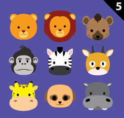 Flat Animal Faces Icon Cartoon Vector Set 5 (Safari)