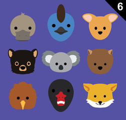 Flat Animal Faces Icon Cartoon Vector Set 6 (Australia)