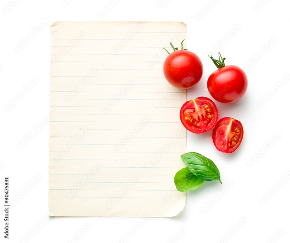 Sticker chopped tomatoes and basil leaf with blank paper