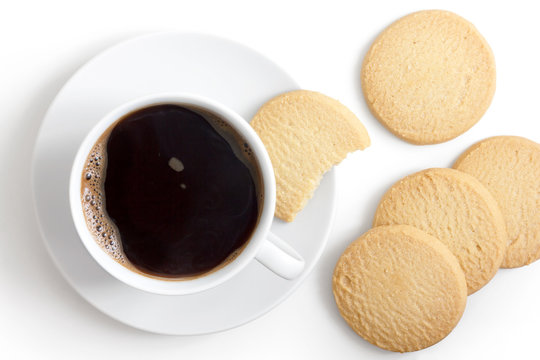 White Cup Of Black Coffee And Saucer With Shortbread Biscuits Fr