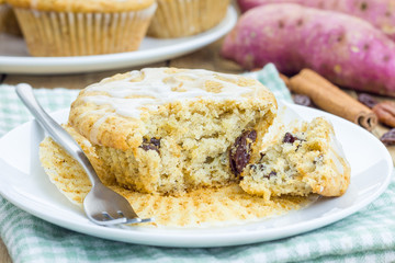 Citrus-glazed sweet potato muffins with pecan nuts and raisins
