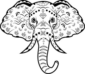 vector illustration of a black and white decorated elephant's head 