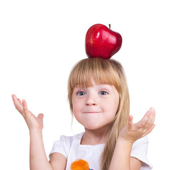 blonde girl dabbles with a big red apple