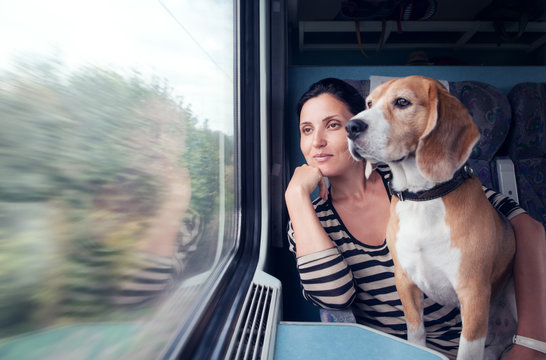 Woman travel with dog into the train wagon