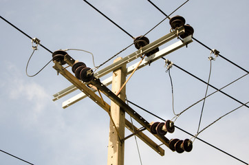Electric pillar with transformer in the electric network/ Outdoor view 