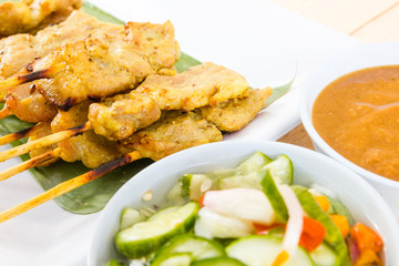 Grilled pork set on wood table , thai food style