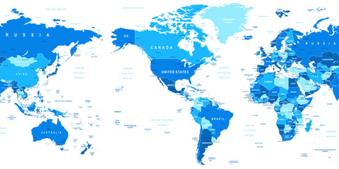 Fototapeta na wymiar Highly detailed vector illustration of world map. Image contains land contours, country and land names, city names, water object names.