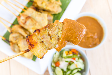 Grilled pork set on wood table , thai food style