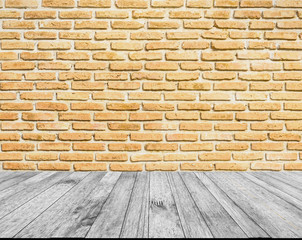 perspective wood plank floor or walk way with Brick wall background
