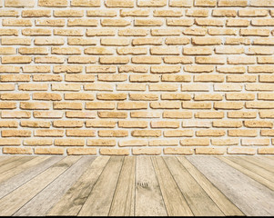 perspective wood plank floor or walk way with Brick wall background