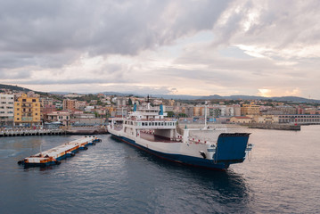 Fototapeta na wymiar Empty ferry boat at the harbor of Villa San Giovanni, in the strait of Messina