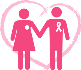 Symbol for a breast cancer patient with a supporting person, wearing a ribbon, heart shape on the background, EPS 8