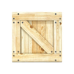 Wooden box. Front view. 3D render illustration isolated on a white background