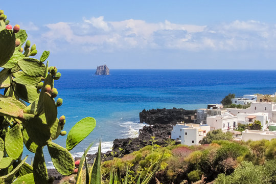 Coastline of Stromboli with prickly pear and white houses; Strombolicchio stack in the background