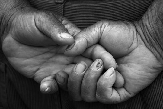 Old man hands monochrome picture