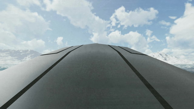 Front view of surfaced ballistic missile submarine Borei at northern waters. Realistic three dimensional animation.