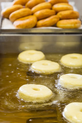 fried equal round doughnuts in deep-fryer