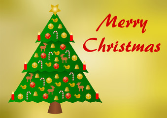 Bunt geschmückter Weihnachtsbaum auf einem Hintergrund mit goldenem Farbverlauf, mit Merry Christmas-Schriftzug auf der rechten Seite und einem großen Textfreiraum darunter, im Querformat 