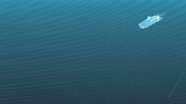 Decorative luminous submarine floats in a deep water. Abstract decorative 3D animation