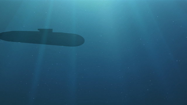 Silhouette of the submarine floats in a deep water. Decorative 3D animation
