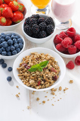 delicious and healthy breakfast on white wooden background