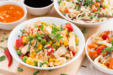 fried rice with tofu, noodles with vegetables and herbs