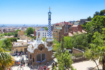 Ceramic mosaic Park Guell - the famous architectural town art designed by Antoni Gaudi and built in the years 1900 to 1914