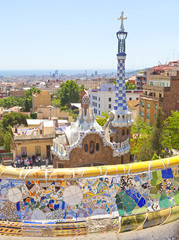 Ceramic mosaic Park Guell - the famous architectural town art designed by Antoni Gaudi and built in...