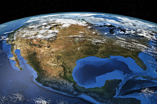 Detailed view of Earth from space, showing North America. Elements of this image furnished by NASA
