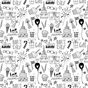 Doodle Birthday party background seamless pattern