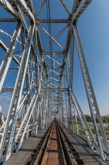 Railway steel truss bridge in Brzegi, Poland, near Krakow, over Vistula river