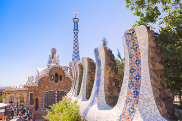 Ceramic mosaic Park Guell - the famous architectural town art designed by Antoni Gaudi and built in...