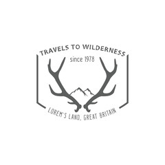 Outdoor vintage label: travel to wilderness monochrome logo template in old retro style. Vector illustration