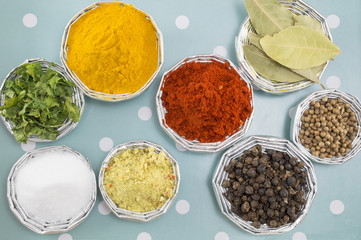 Various spices in shiny bowls on a blue background