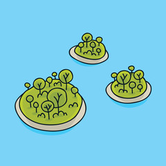 Three small cartoon islands on water featuring lush green forests and sandy beaches.