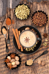 Indian masala tea with spices. Tea with milk and spicy