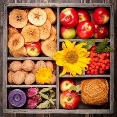 Autumn harvest. Composition in wooden box
